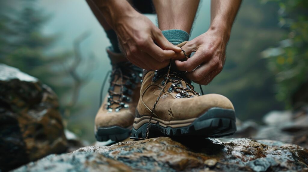 hiker lacing up his boots